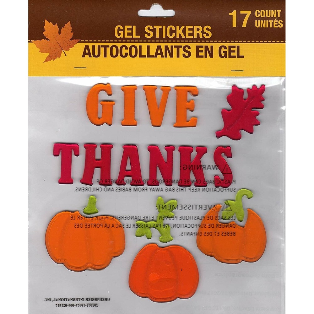 NEW GIVE THANKS 17 pc Window Gel Clings Holiday Decor Pumpkins Fall Leaf Harvest